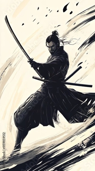 Fototapeta Close-up in highly cartoon, comics style. A samurai strikes decisively, his katana slicing through the air with unwavering precision