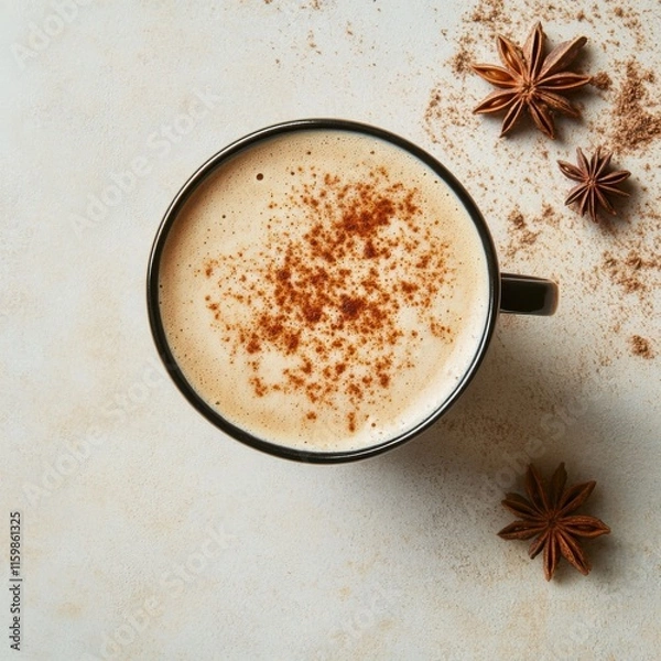 Fototapeta Creamy chai latte in a cup. Featuring spices and foam