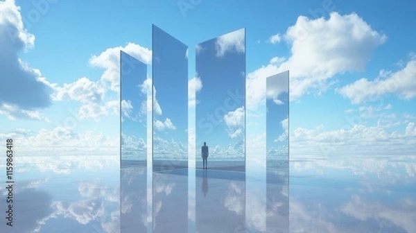 Fototapeta 3D sky with clouds, minimalistic style, floating mirror cubes on the horizon, symmetrical composition, blue and white color palette, 