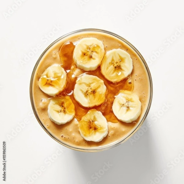 Fototapeta Creamy peanut butter smoothie in a glass. Featuring banana slices and nuts