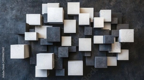Fototapeta Abstract Composition of Grey and White Cubes on Dark Background