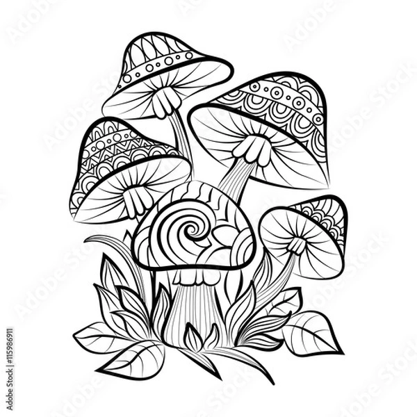 Obraz Hand drawn doodle outline mushrooms. Vector zentangle illustration. Sketch for adult coloring pages