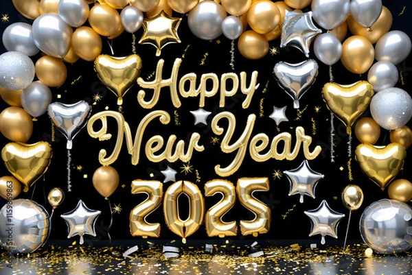Fototapeta A festive image with a Happy New Year 2025 message in gold and silver balloons, surrounded by a cluster of colorful balloons and confetti.