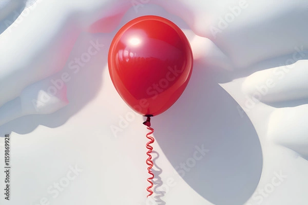 Fototapeta A vibrant red balloon with a curly tail floats against a clean white background, casting a subtle shadow.