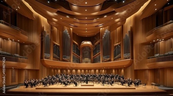 Obraz Orchestra performing on stage in a grand concert hall with a large pipe organ.
