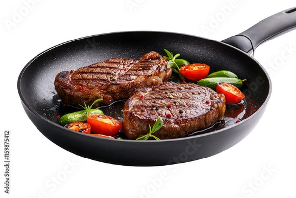 Obraz A steak is being cooked in a pan with tomatoes and peppers