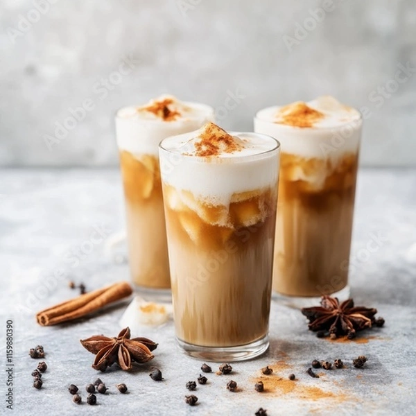 Fototapeta Iced chai tea latte in a glass. Featuring spices and milk foam