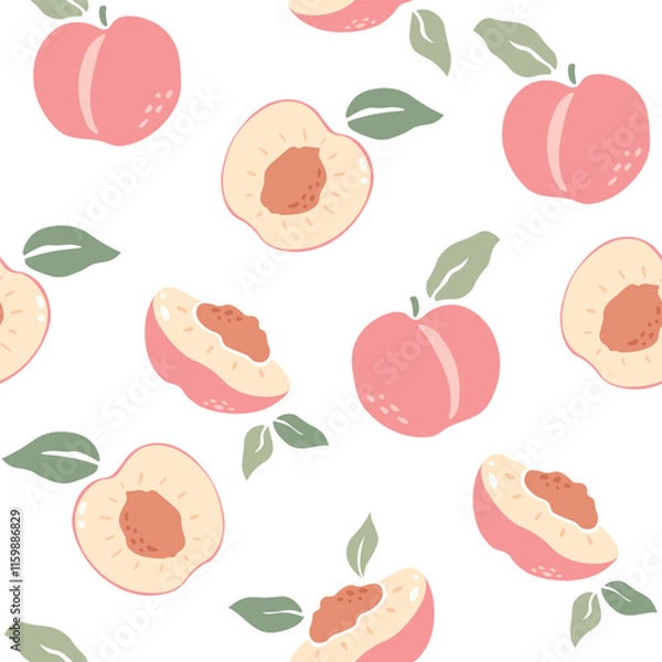 Fototapeta Peaches vector seamless pattern with leaves. Half, slice and whole shape of peach, nectarine, apricot. Flat design of peaches illustration for fabric, paper, wallpaper, cover, interior decoration.