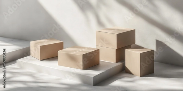 Fototapeta Beige cardboard boxes on minimalist white display.  Perfect for product packaging or presentation mockups.