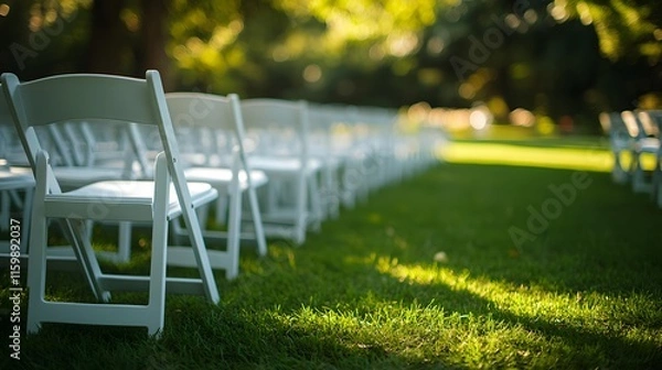 Fototapeta Symmetrical arrangement of white folding chairs on green lawn for outdoor wedding ceremony, captured with soft natural lighting and shallow depth creating clean, minimalist atmosphere.