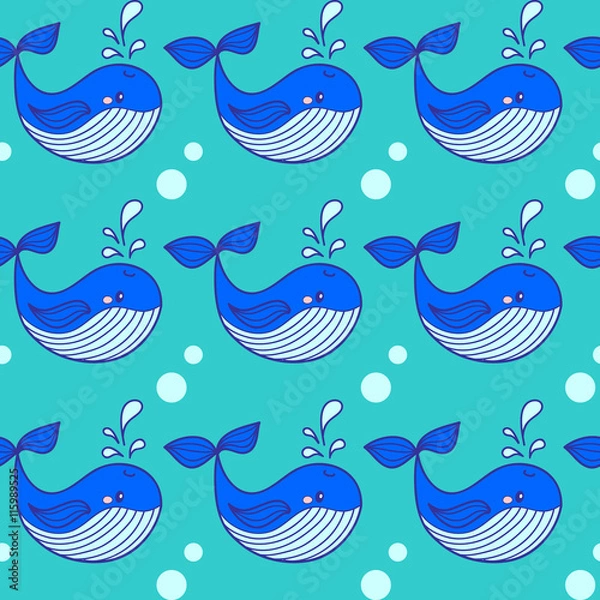 Fototapeta Cute background with cartoon blue whales. Baby shower design. Seamless pattern can be used for wallpapers, pattern fills, surface textures.