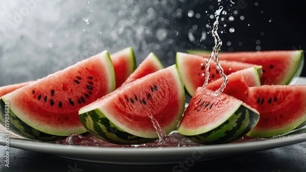 Fototapeta Fresh watermelon slices on a plate with water splashes, highlighting summer refreshment.