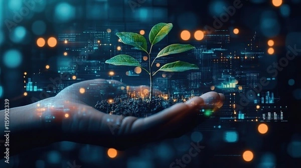 Fototapeta Hand holding a small plant seedling emerging from soil with futuristic digital data background.