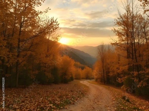 Obraz sunset road in the autumn with mountian view