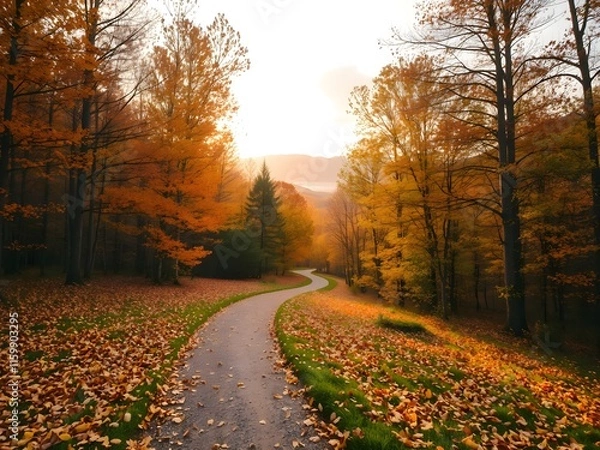 Obraz Fall scene multi colored leaves on paved path