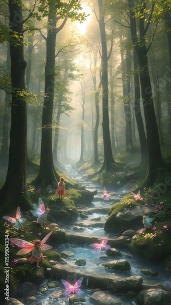 Obraz Mystical forest stream with fantasy creatures -  vertical orientation