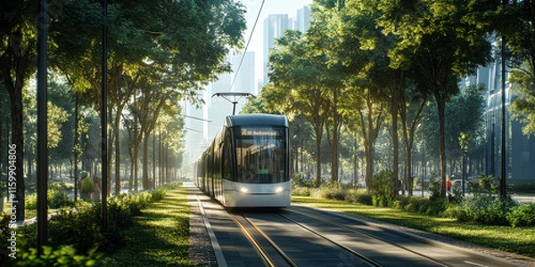 Fototapeta Modern tram glides through a sun-drenched city street lined with lush green trees, a tranquil urban scene.