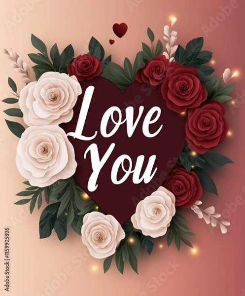 Fototapeta Deep red heart with 'Love You' text surrounded by red and white roses and festive greenery on a warm gradient background
