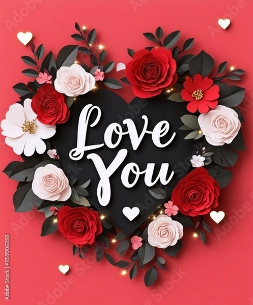 Fototapeta Romantic illustration of a black heart surrounded by vibrant red and white flowers with 'Love You' text on a bold red background