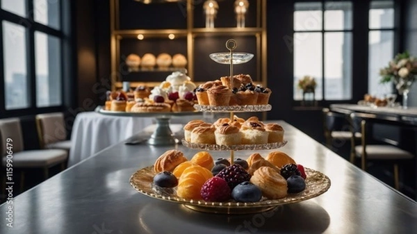 Fototapeta A beautifully arranged dessert display featuring pastries and fruits in an elegant setting.