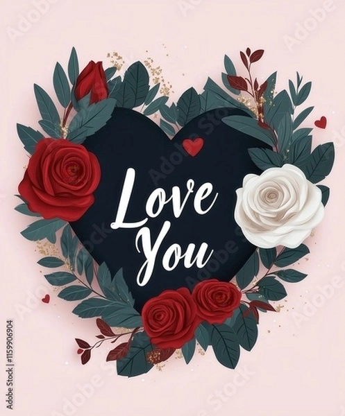 Fototapeta Elegant Valentine's heart design with roses and 'Love You' text on soft pink background