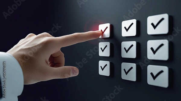 Fototapeta Digital Task Completion – Hand Interacting with Virtual Checkboxes in a Modern Interface