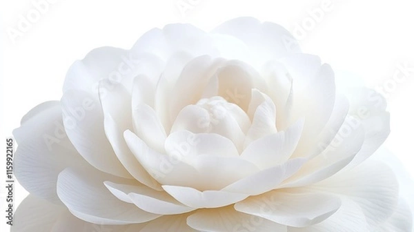 Fototapeta A close-up of a delicate white camellia with its layered, smooth petals and subtle color, isolated white background