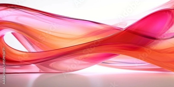 Obraz 抽象横長バナー。白背景に透明感のある立体的なピンクとオレンジの波のオブジェ