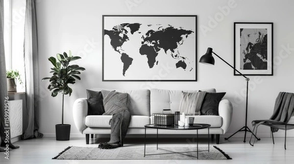 Fototapeta Minimalist world map in a stylish Scandinavian home decor setting