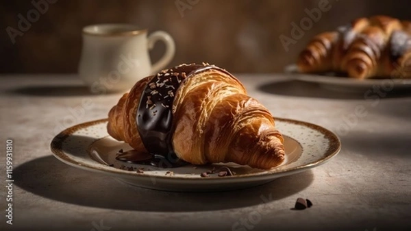 Fototapeta A croissant topped with chocolate and nuts, served on a plate with coffee in the background.
