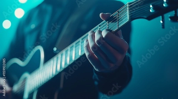 Fototapeta Close-Up Dynamic Shot of Hand Strumming Guitar Against Soft Blue Background With Shimmering Lights