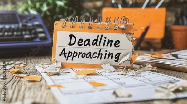 Fototapeta Deadline approaching limited time to complete tasks office workspace visual reminder busy environment top-down view