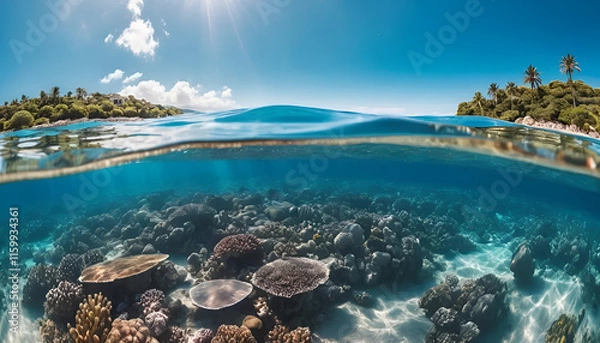 Fototapeta "Split Underwater View Featuring Serene Sea Below and Sunny Sky Above with Crystal-Clear Water and Vibrant Colors – Perfect for Oceanic, Nature, and Travel-Themed Visuals and Designs"