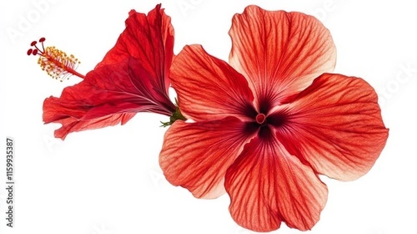 Fototapeta A detailed shot of a bright red hibiscus with its large, smooth petals and striking color, isolated white background