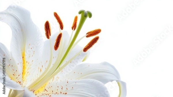 Fototapeta A detailed shot of a delicate white lily with its graceful petals, isolated white background, minimalistic art style