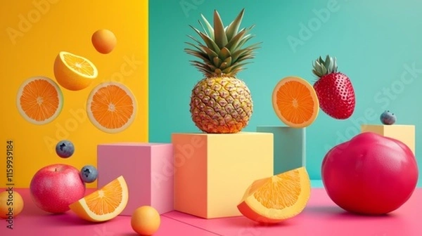 Obraz Tropical fruits arrangement with vibrant cubes
