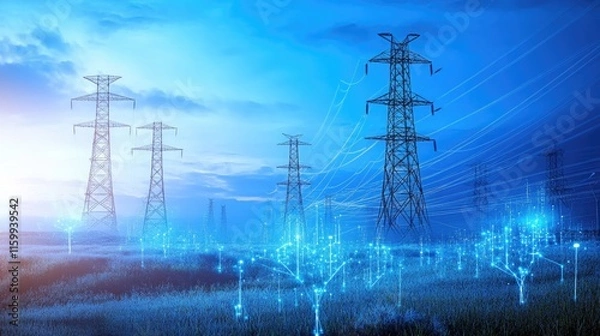 Fototapeta Electrical pylons with smart grid technology installed