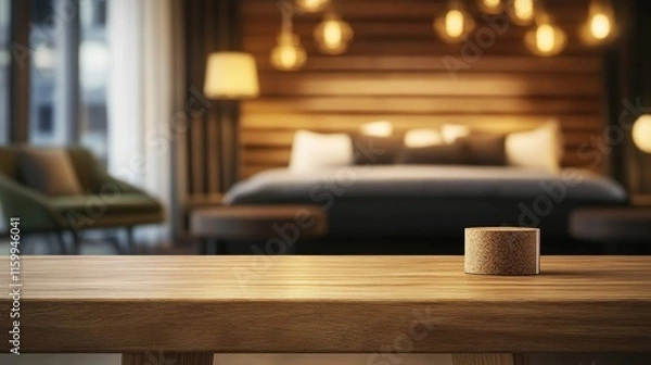 Fototapeta Table-top view of beside table or nightstand on blurred cozy night ambiance at hotel room with bokeh background. Empty wooden table for product display and customization