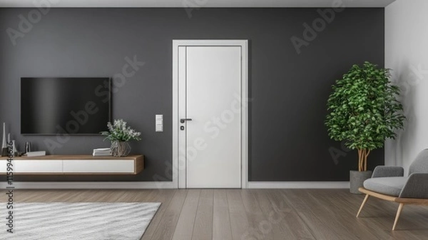 Obraz living room with bathroom and plaster dark gray walls and wooden floor, empty room with tv cabinet , white door with carpet interior design concept , 3d illustration