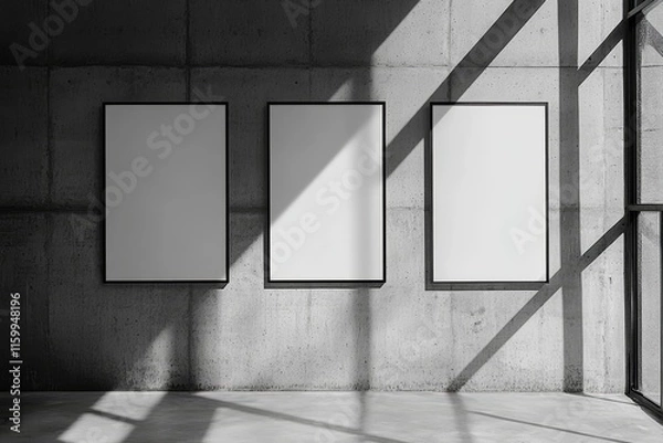Obraz Three blank posters on a concrete wall with sunlight streaming through a window.