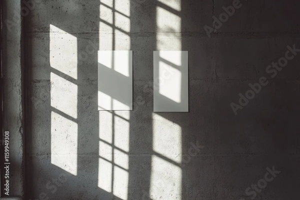 Obraz Two blank canvases on a concrete wall with window light and shadows.