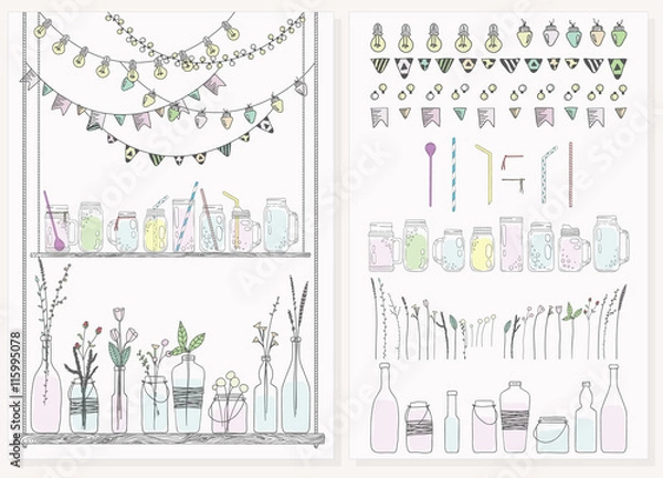 Fototapeta Set of bottles, jars, garlands, lamps and flags. Scandinavian st