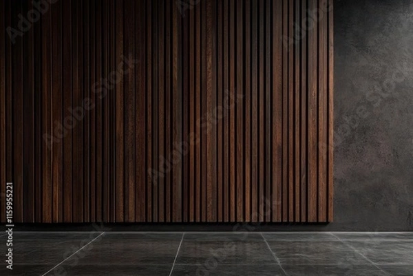 Obraz Dark wood slat wall with dark grey concrete and floor.