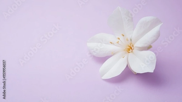 Fototapeta A single pure white jasmine blossom in a light lavender backdrop, close-up shot, Serene style