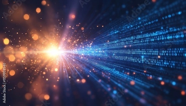 Fototapeta Abstract digital data stream, binary code, glowing particles, light burst.