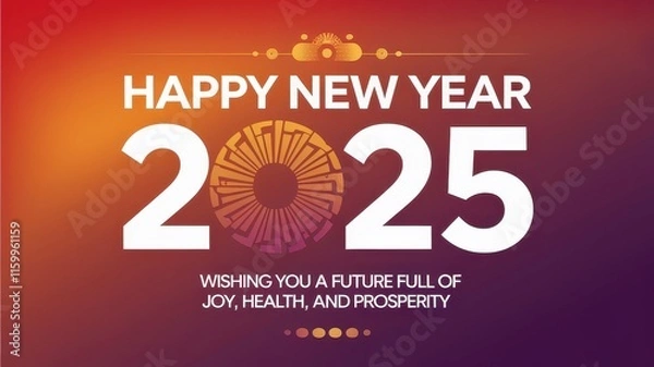 Obraz A modern vector template for a 2025 Happy New Year greeting card and social media banner. Sleek, festive design perfect for holiday wishes and digital promotions.