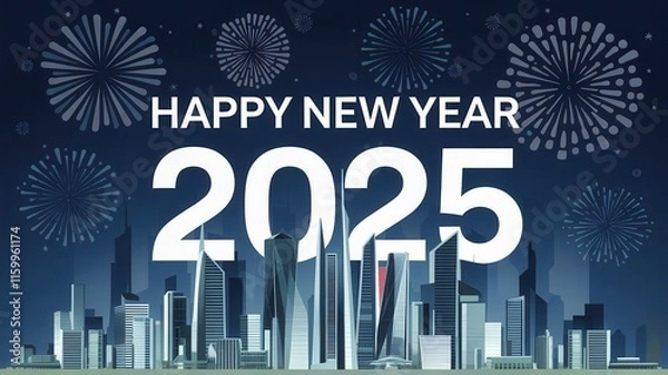 Obraz A modern vector template for a 2025 Happy New Year greeting card and social media banner. Sleek, festive design perfect for holiday wishes and digital promotions.