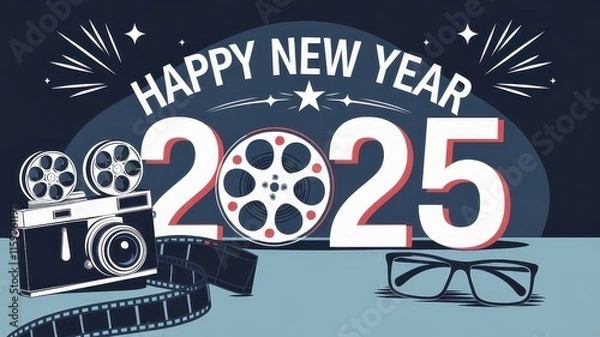 Obraz A modern vector template for a 2025 Happy New Year greeting card and social media banner. Sleek, festive design perfect for holiday wishes and digital promotions.