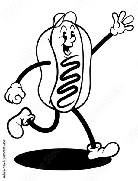 Fototapeta Hot Dog cartoon characters wearing baseball hat and greetings. Best for outline, logo, and coloring book with food themes in vintage cartoon styles
