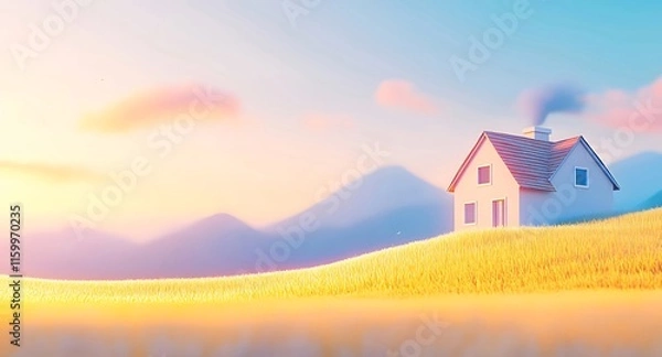 Fototapeta Idyllic sunrise over a quaint house nestled in a golden field and mountain backdrop.